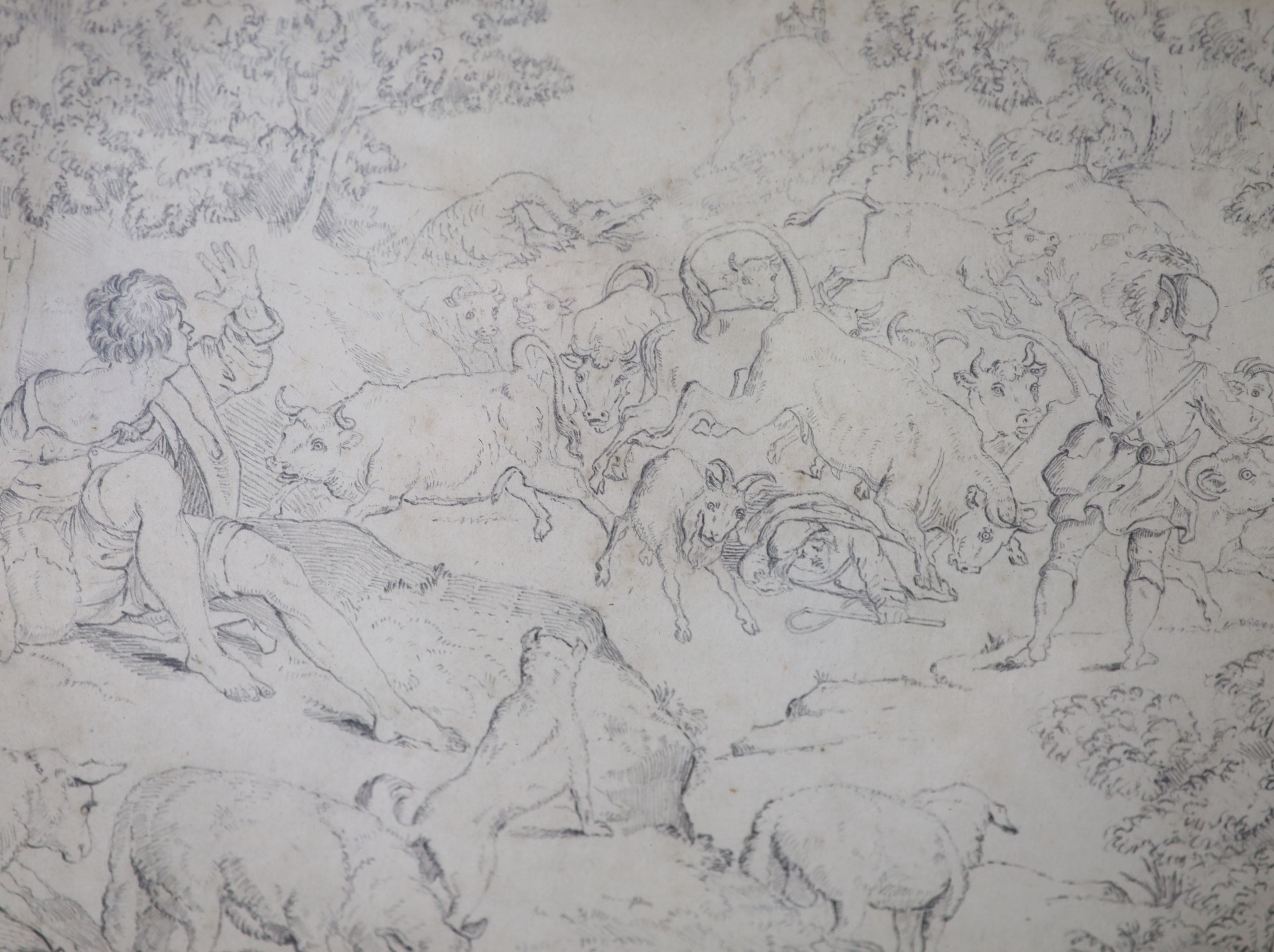 A trio of European figural group studies in the classical style, Romantically presented soldiers on horseback together with a study of figures and livestock fleeing from a dragon, pencil on paper, 16 x 22 cm (3).